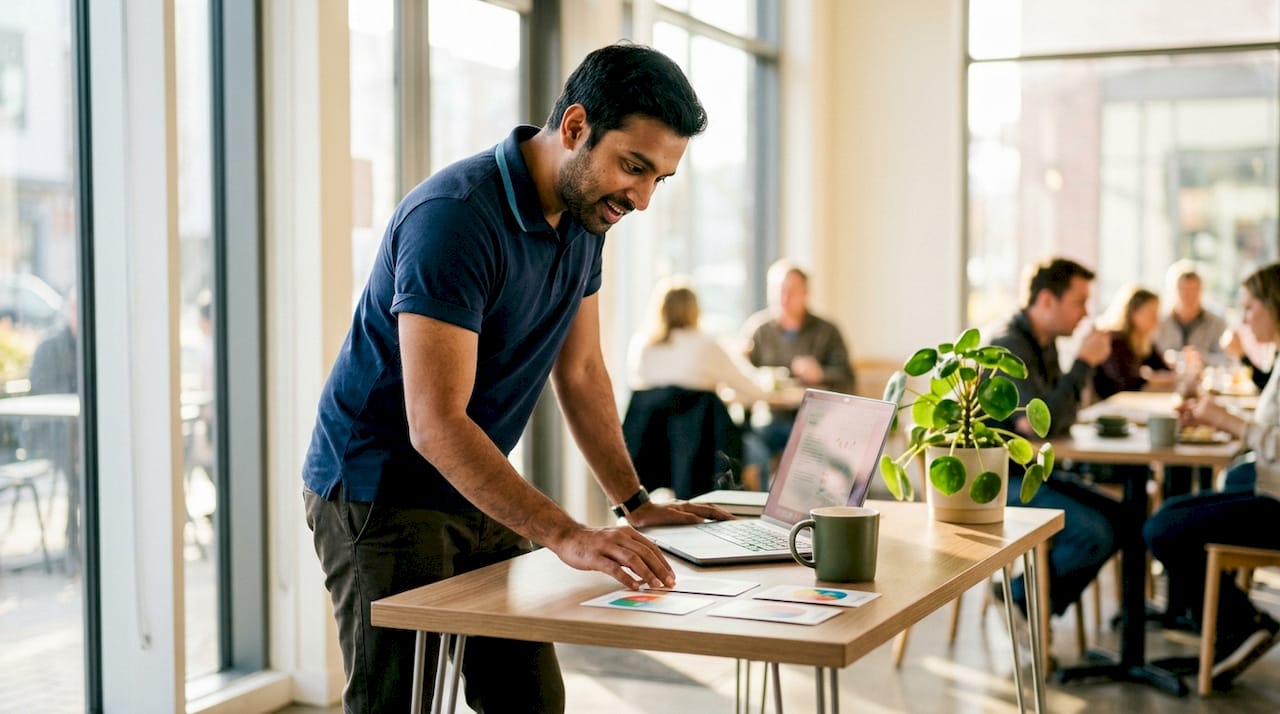 Man reviewing DISC style cards at home office desk