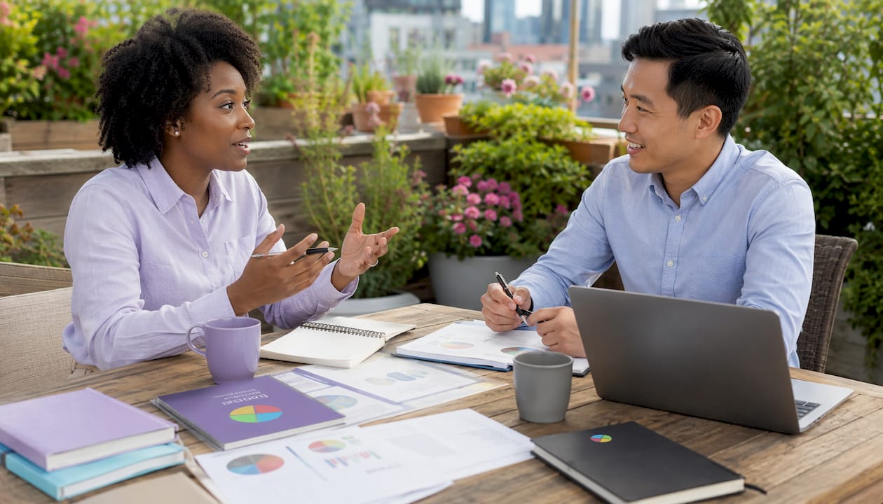 Two colleagues planning team dynamics strategy