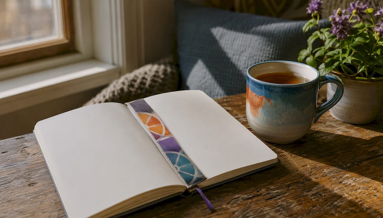 Journal and colorful personality wheel bookmark on wooden desk