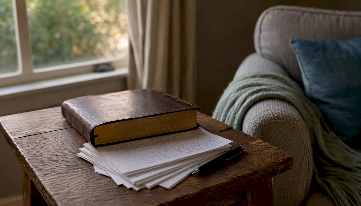 Bible with handwritten scripture index cards