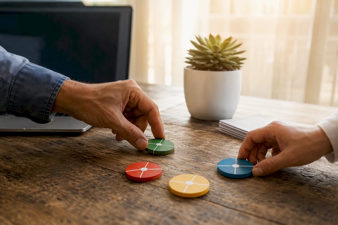 Hands arranging DISC tokens in training