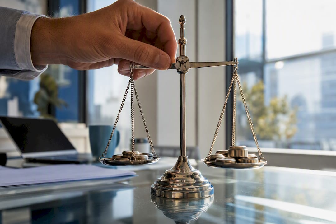 Hand adjusting balance scale with tokens