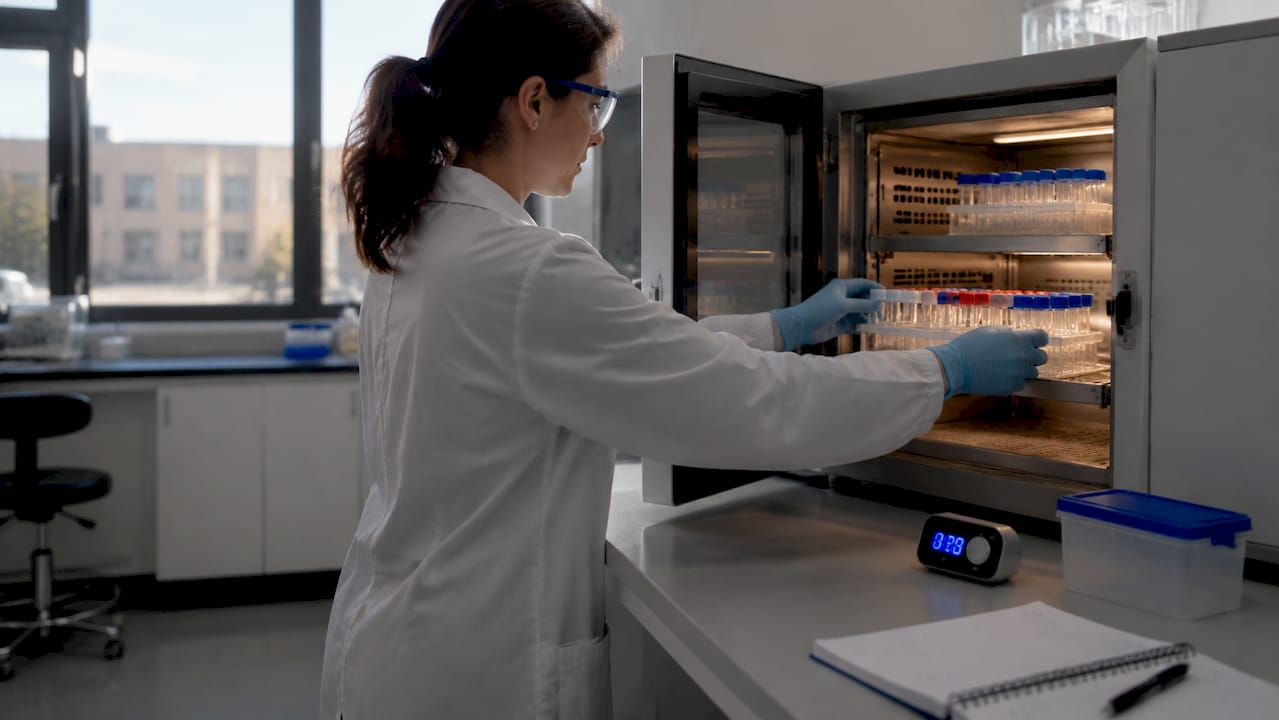 Hands placing tubes into lab incubator