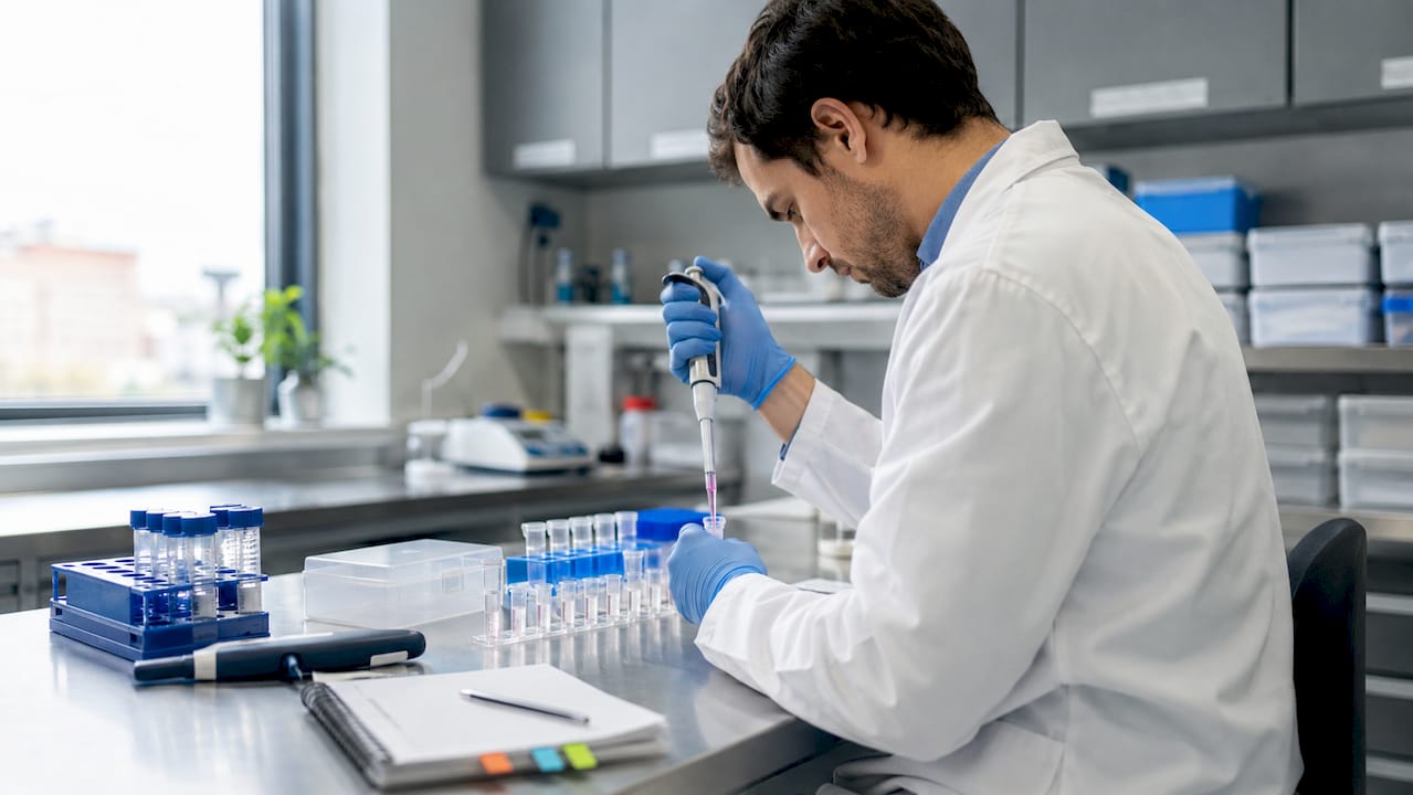 Hands pipetting peptide samples for analysis
