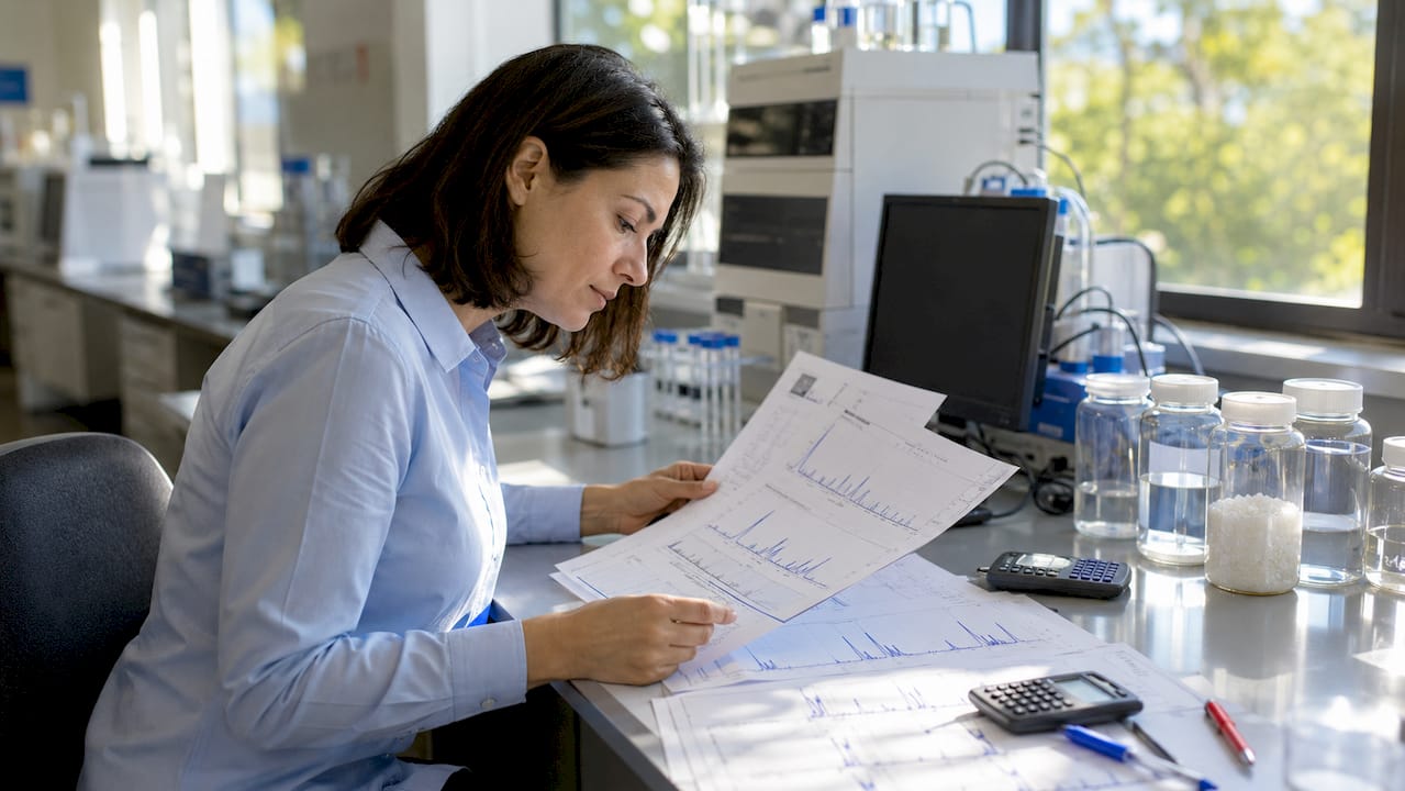 QC technician reviewing peptide analysis data