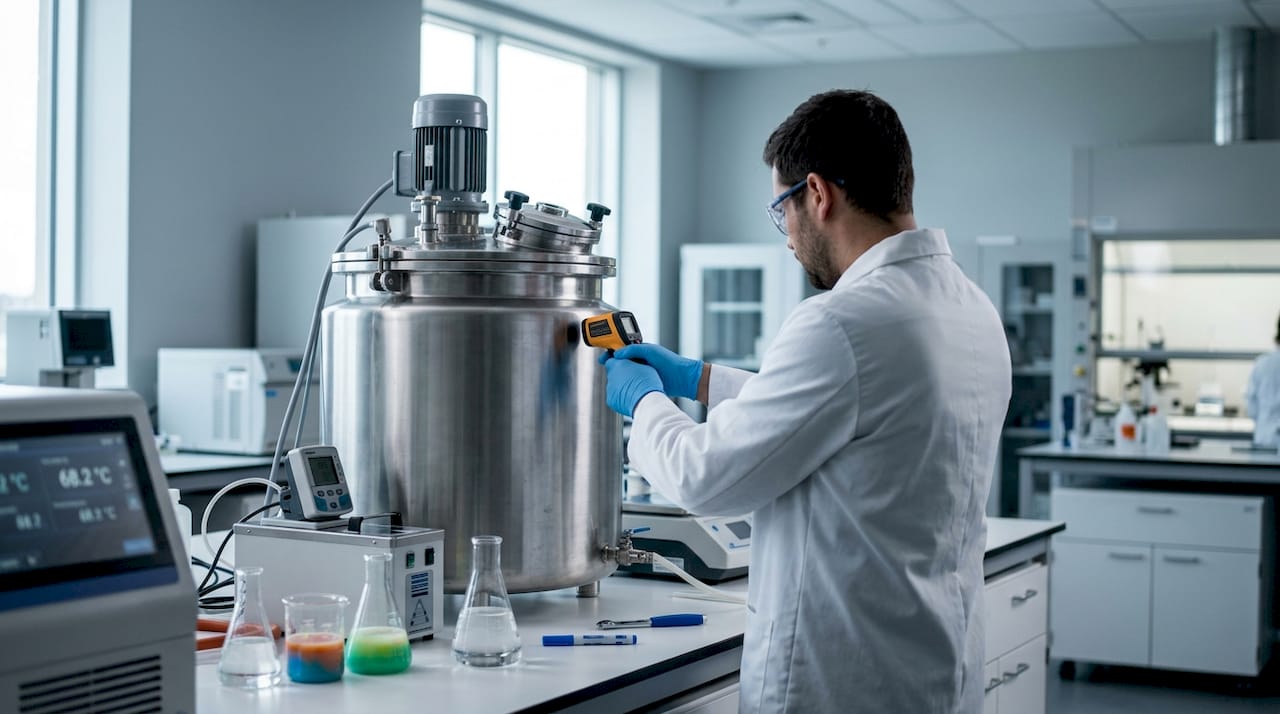 Hands measuring temperature in peptide formulation