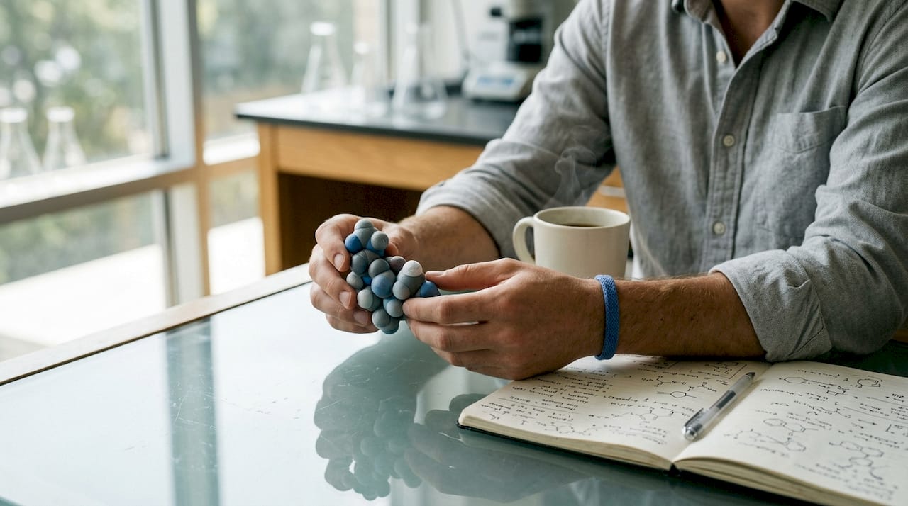 Hands holding peptide molecular model over journal