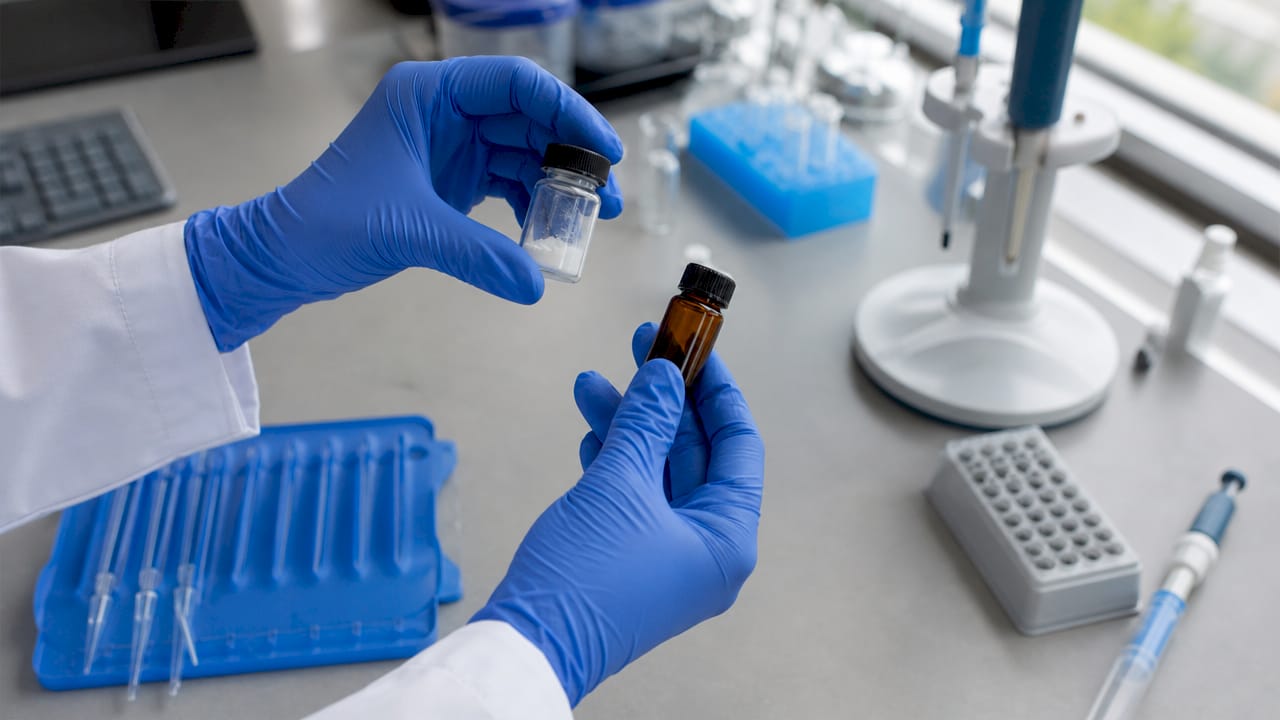 Hands holding cosmetic peptide samples in lab