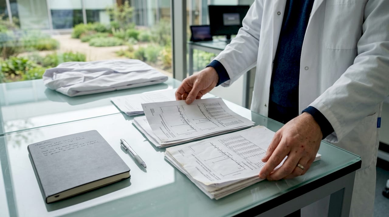 Hands reviewing peptide sequence data reports