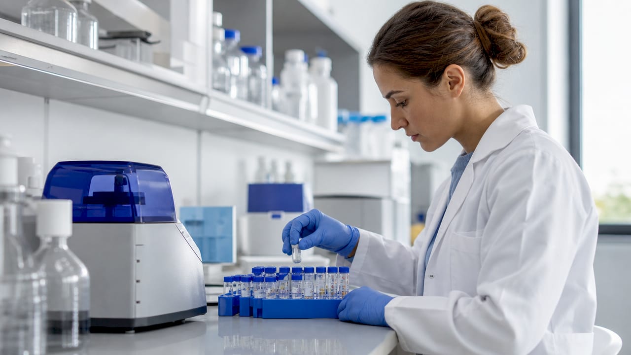 Hands weighing peptide sample in analytical lab