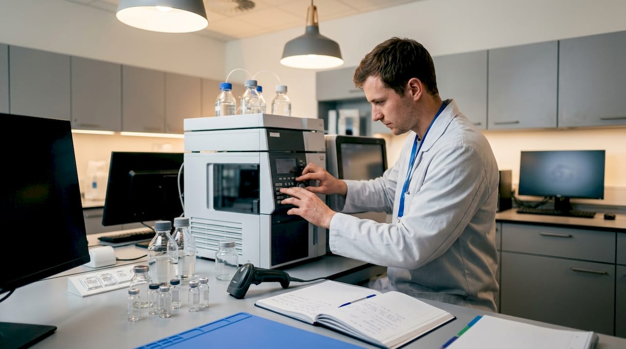 Hands operating HPLC instrument panel