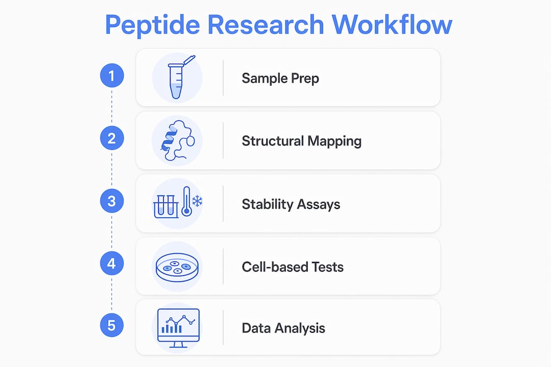 Infographic showing in vitro peptide research workflow steps