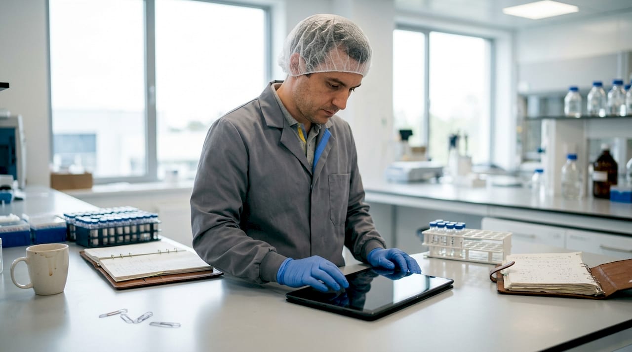 Researcher hands holding instrument tablet with peptide vials