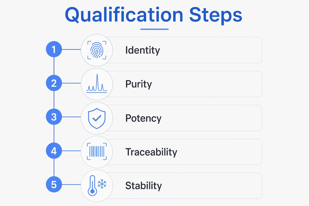 Infographic showing peptide reference standard qualification steps