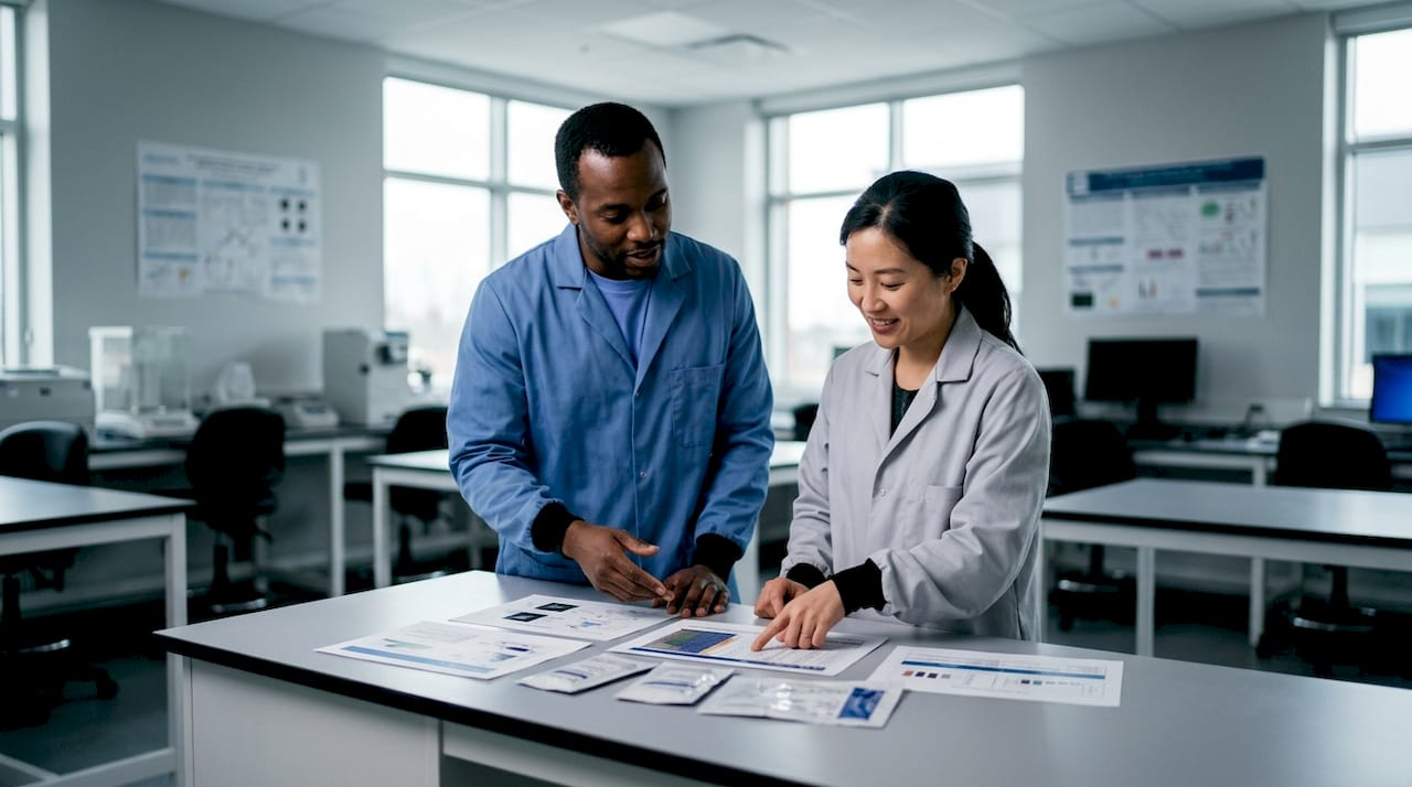 Researchers discussing clinical peptide data