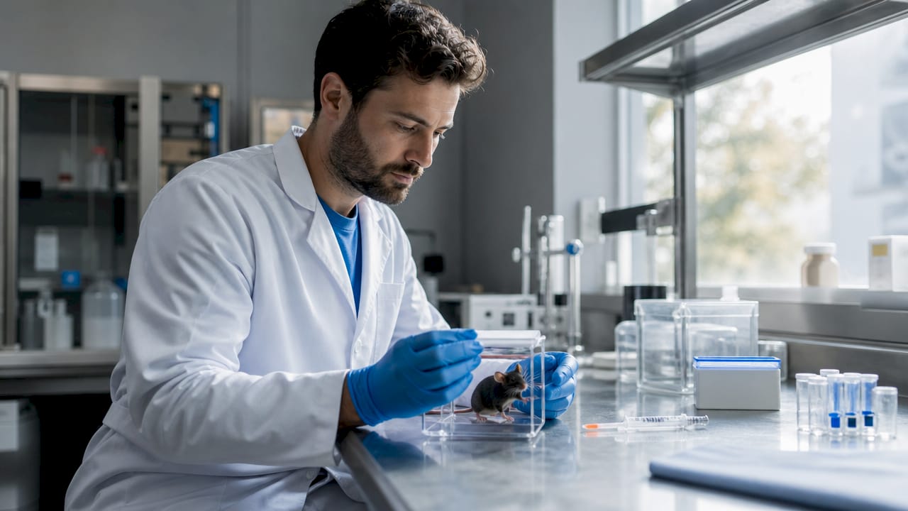 Technician handling mouse model in lab