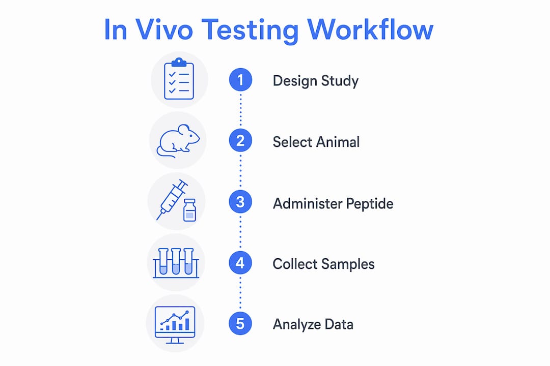 Infographic illustrating steps of peptide in vivo testing