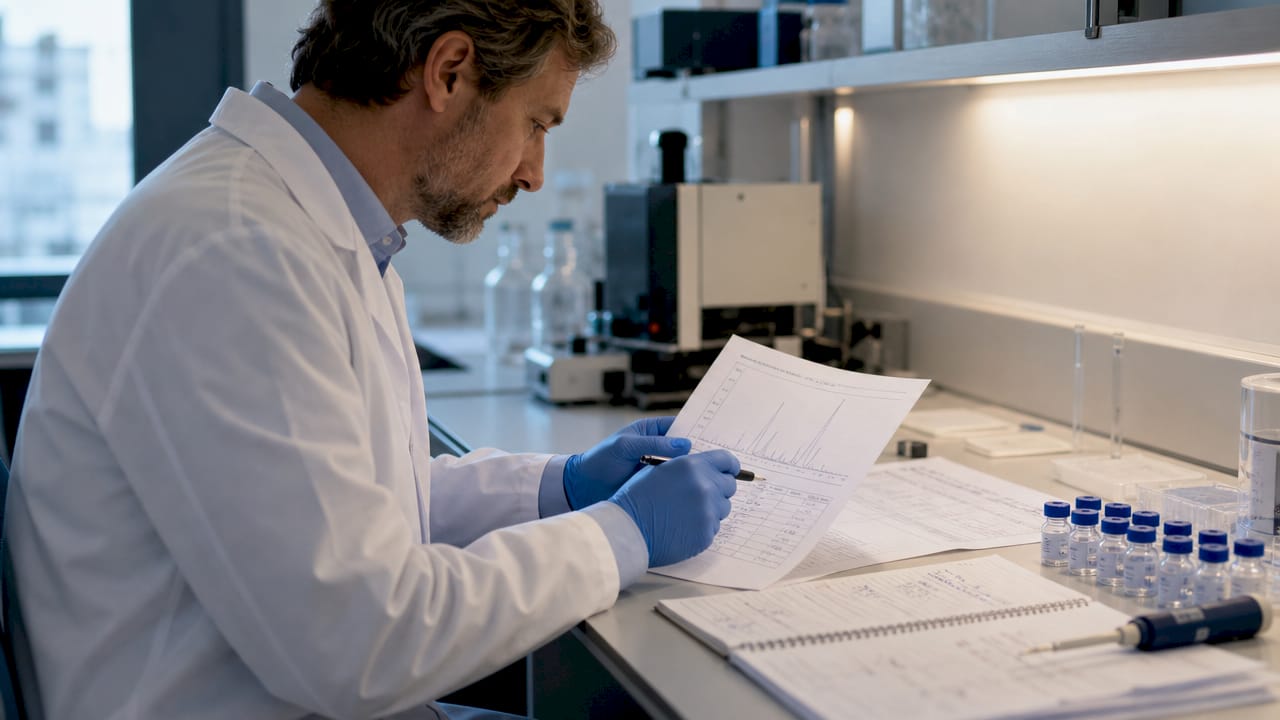 Technician reviewing HPLC chromatogram and COA