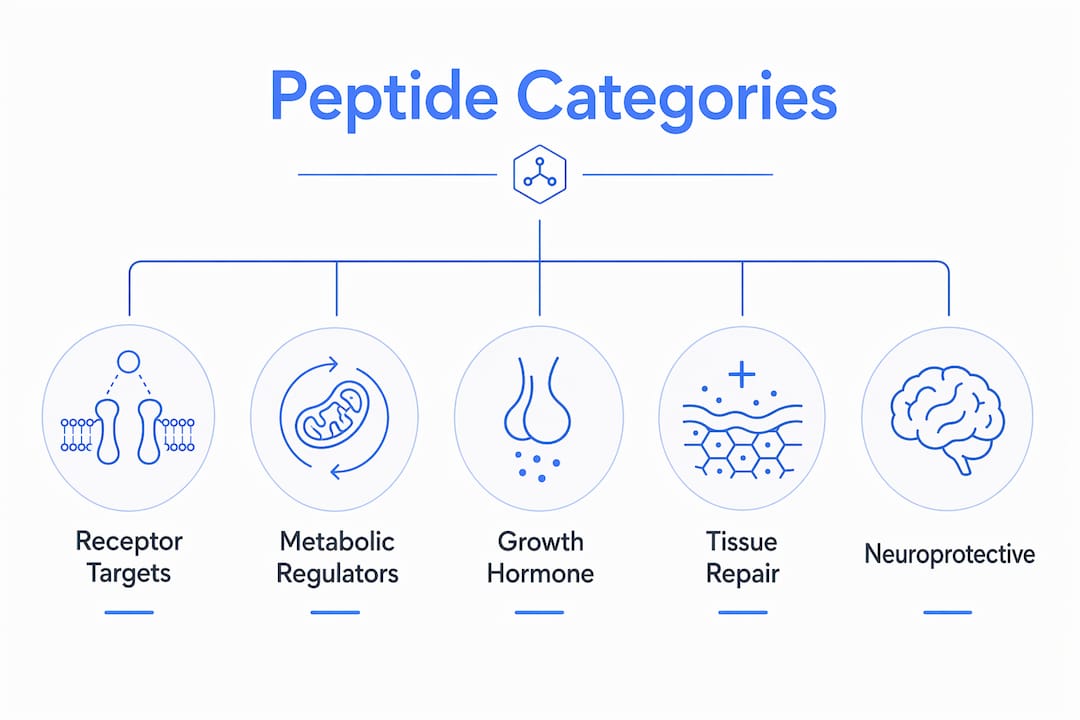 Infographic showing hierarchical therapeutic peptide categories