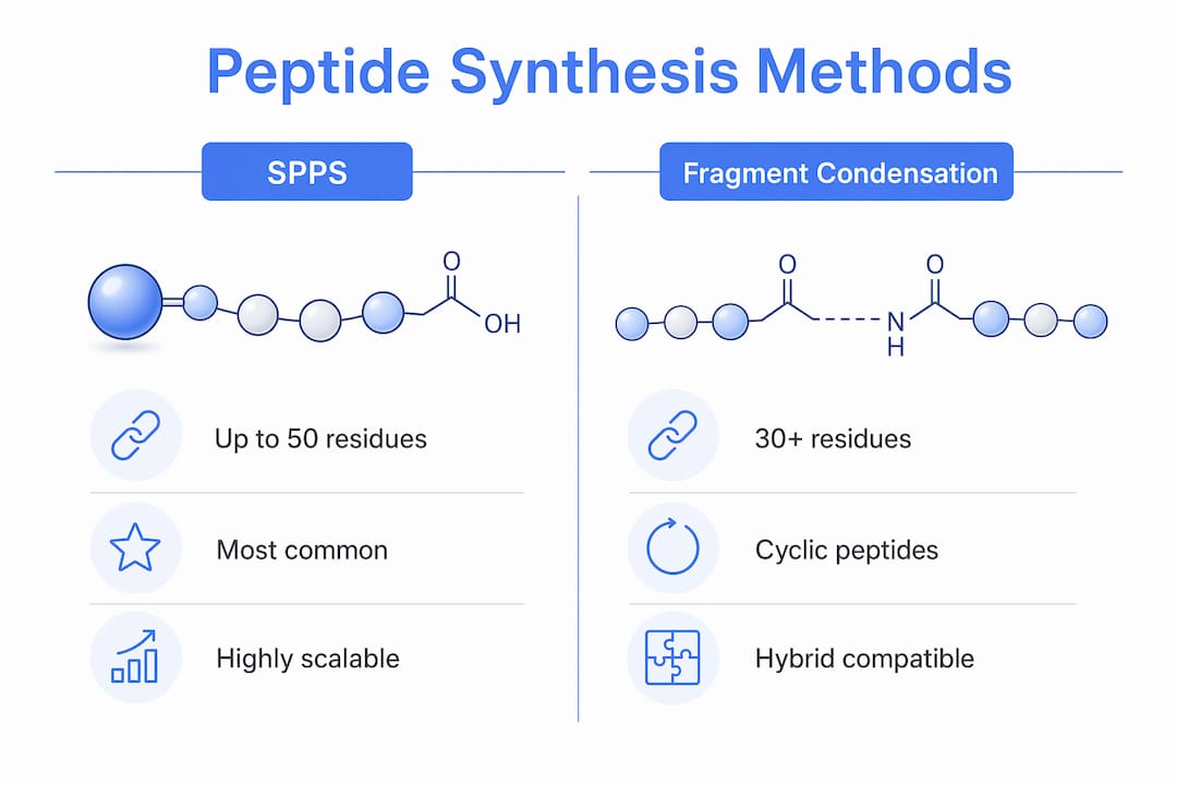 Infographic comparing peptide synthesis methods SPPS and Fragment Condensation