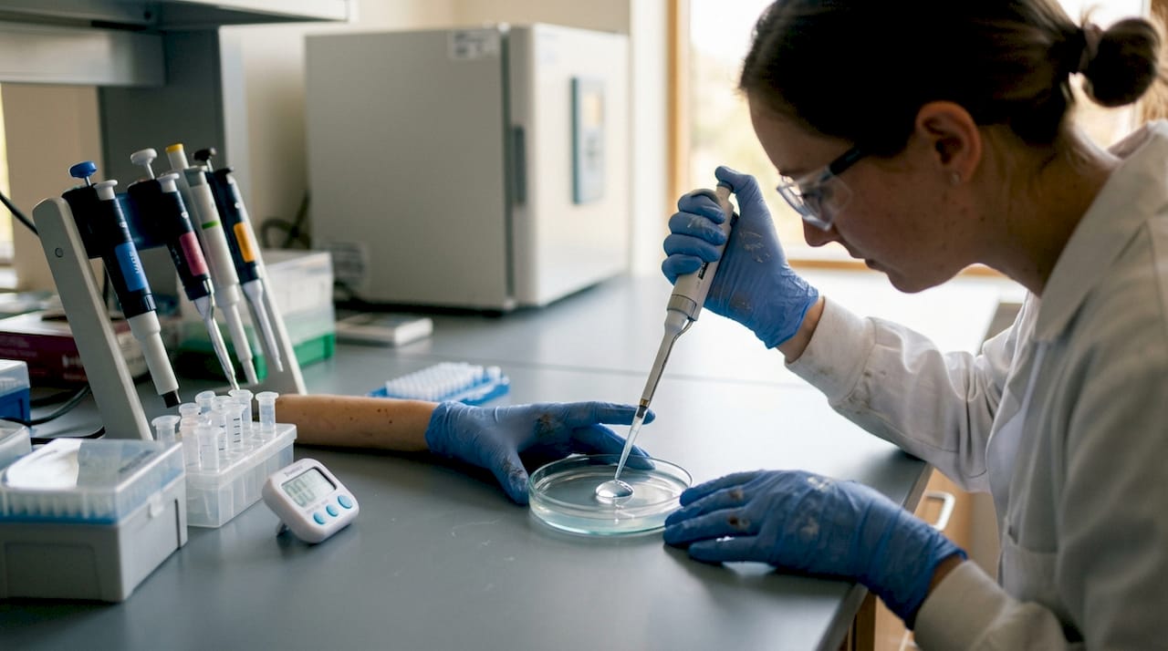 Hands preparing peptide hydrogel scaffold in lab