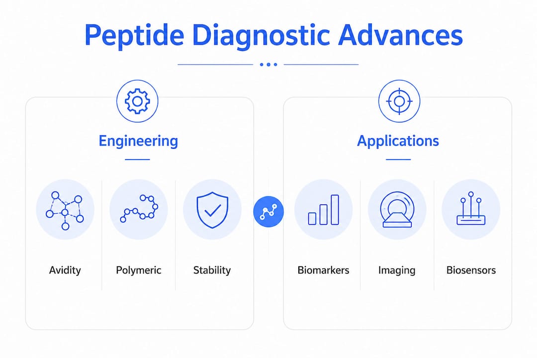 Infographic comparing engineering and applications of peptides in diagnostics