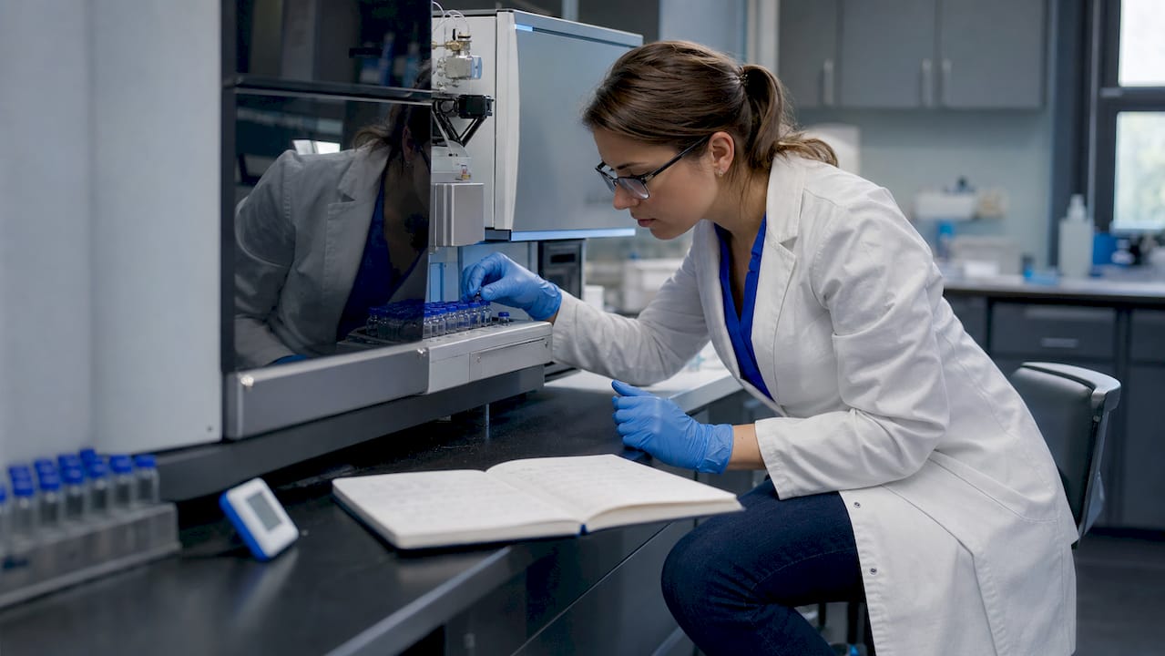 Gloved hands preparing samples on LC-MS instrument