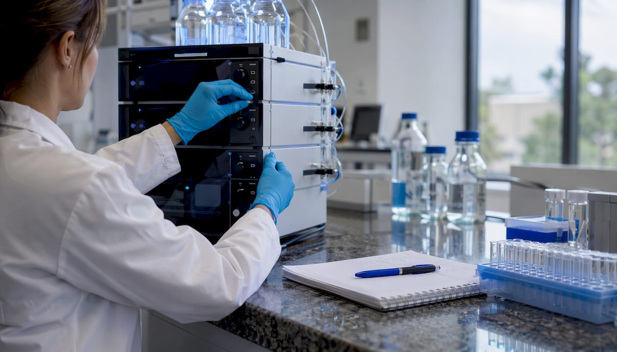 Hands operating HPLC machine for peptide analysis