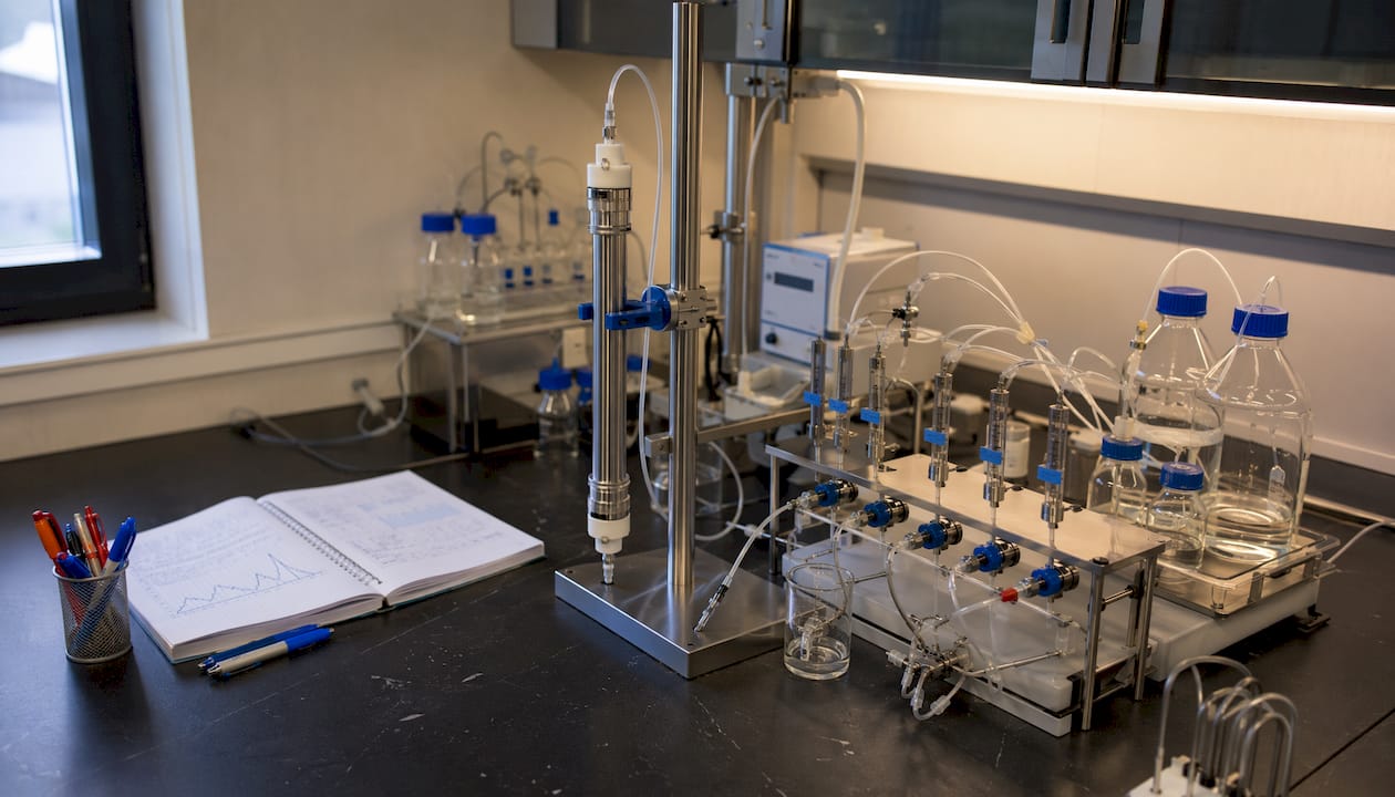 Chromatography column with connected tubing in laboratory