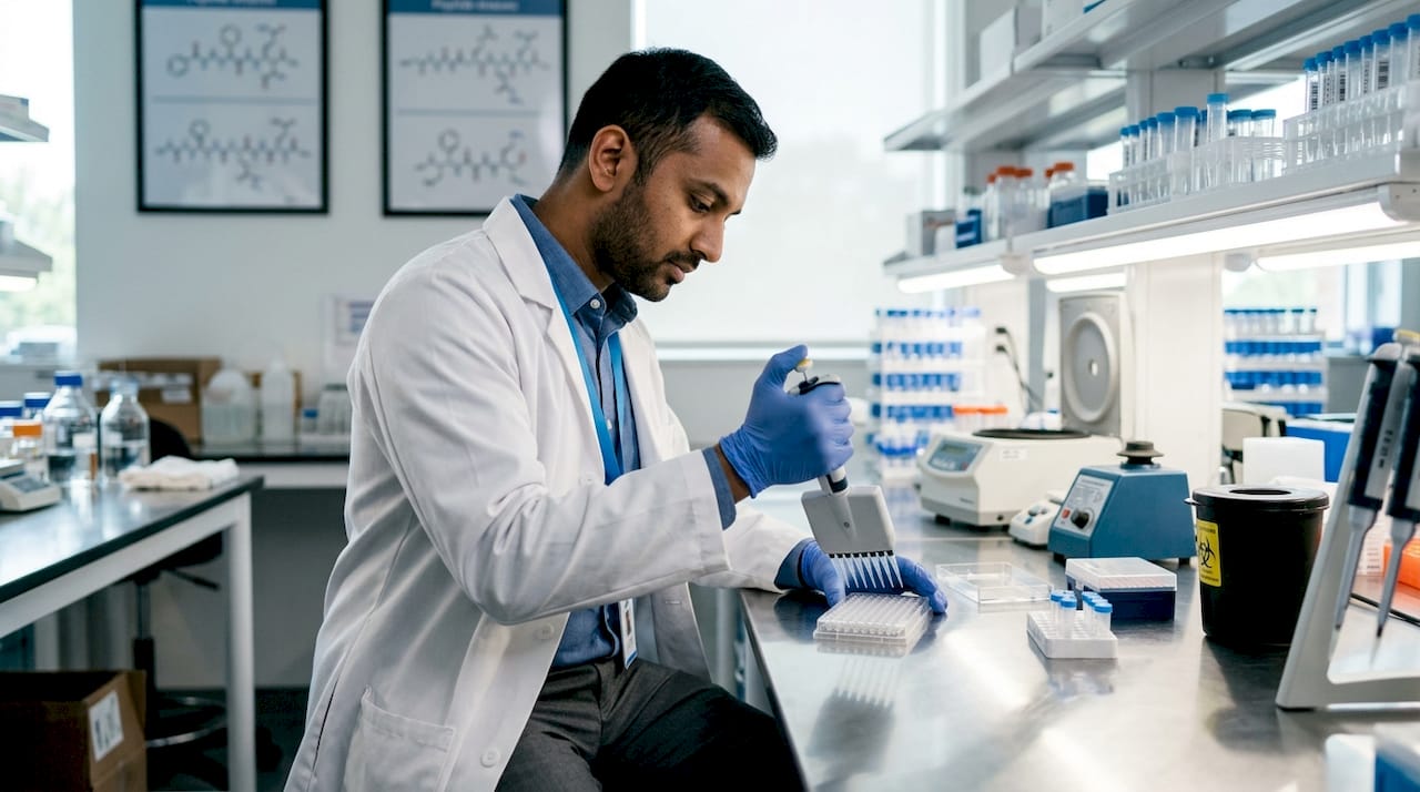 Hands pipetting peptide samples in lab