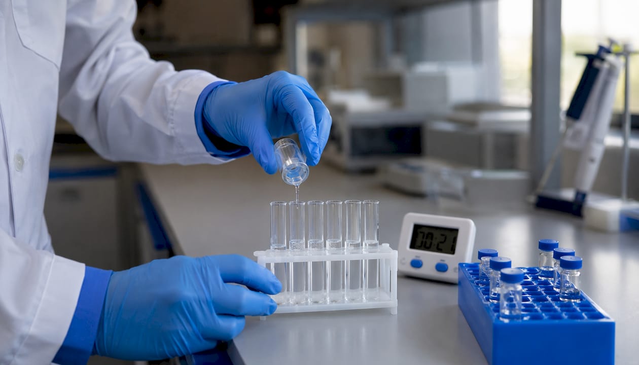 Gloved hands swirling peptide solution vial