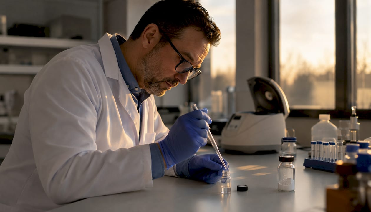 Chemist preparing DMSO solvent for peptide