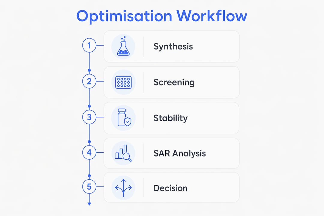 Infographic illustrating peptide lead optimisation workflow steps