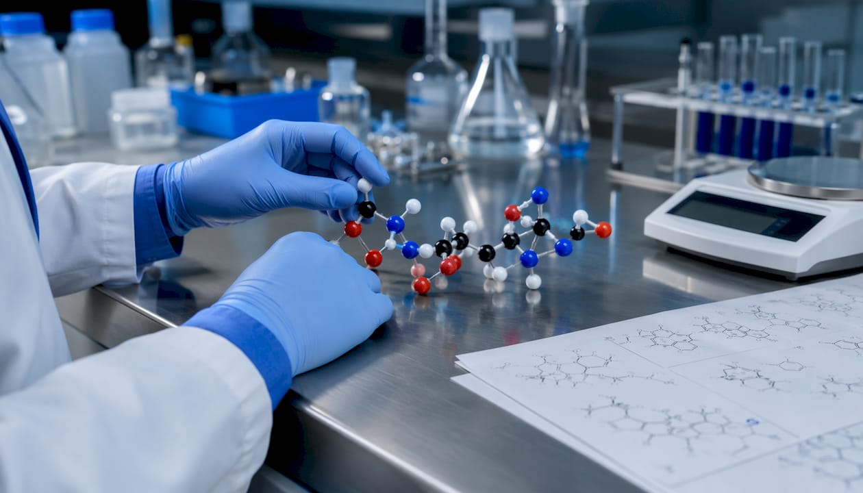 Hands arranging peptide molecular model on lab table