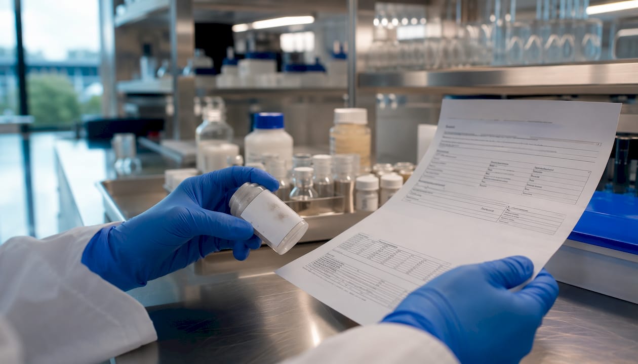 Gloved hands holding peptide label and COA on lab bench