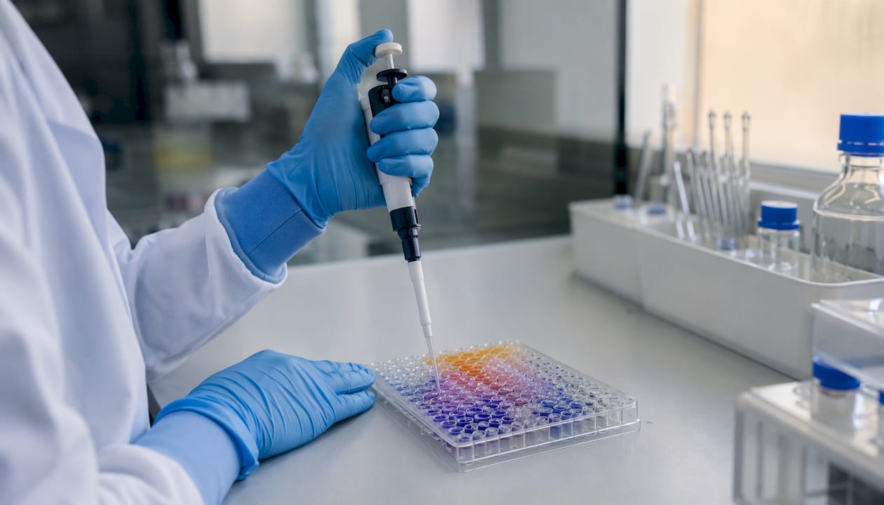 Hands pipetting samples into ELISA plate wells