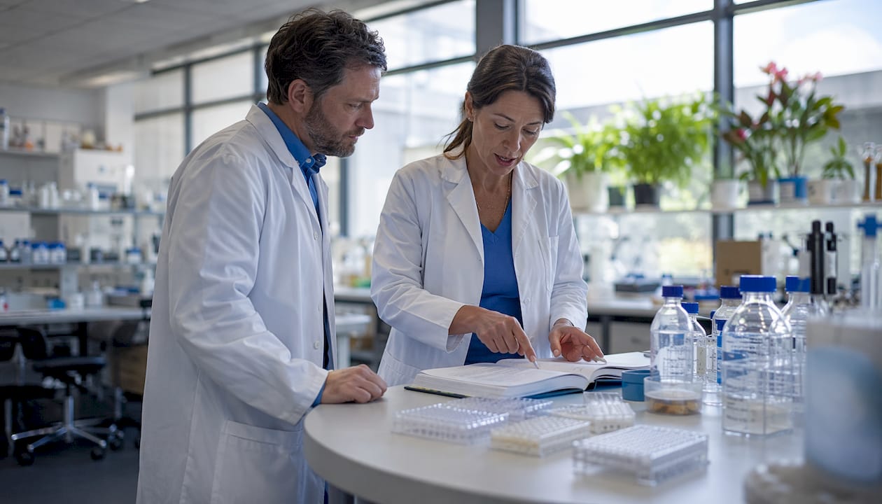 Researchers discussing ELISA test format options