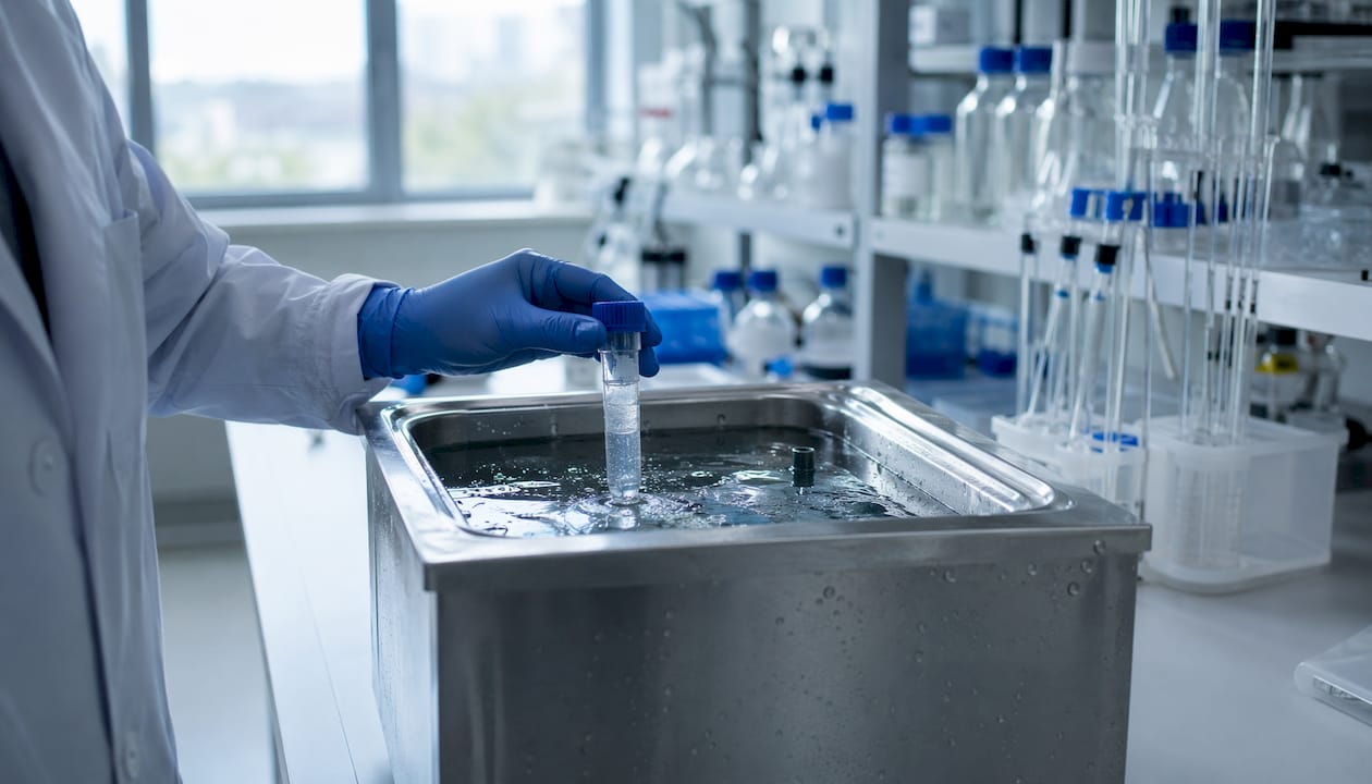 Hands sonicate peptide stock solution tube in lab