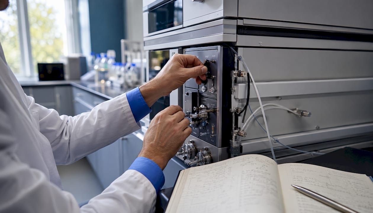 Technician operating HPLC instrument panel