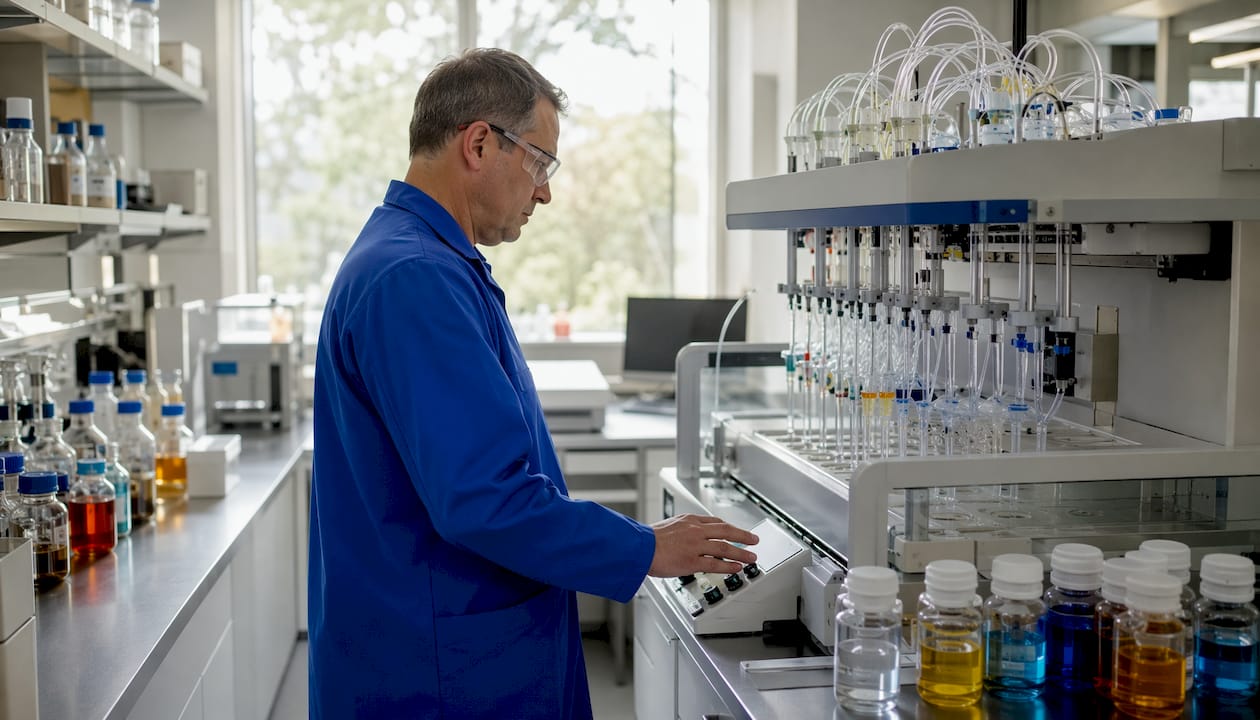 Technician at work in domestic peptide manufacturing lab
