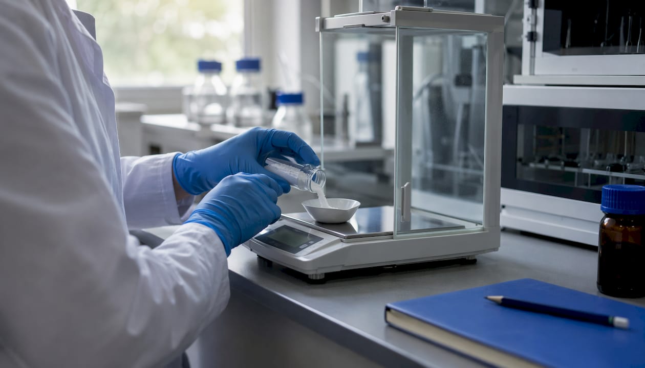 Hands weighing peptide raw material on analytical balance