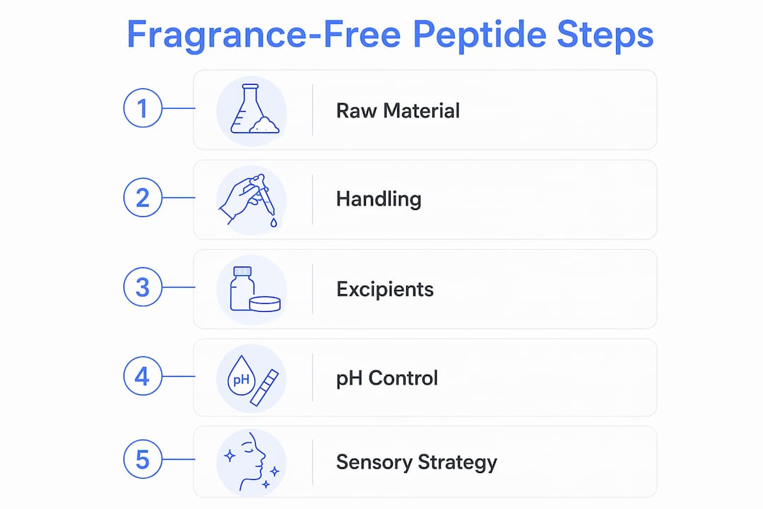 Infographic showing key steps in fragrance-free peptide formulation