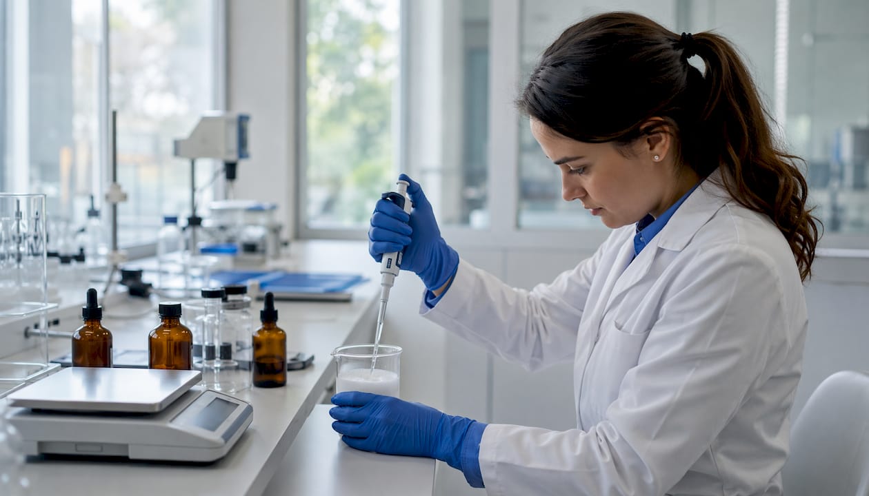 Hands preparing peptide nano-formulation in lab