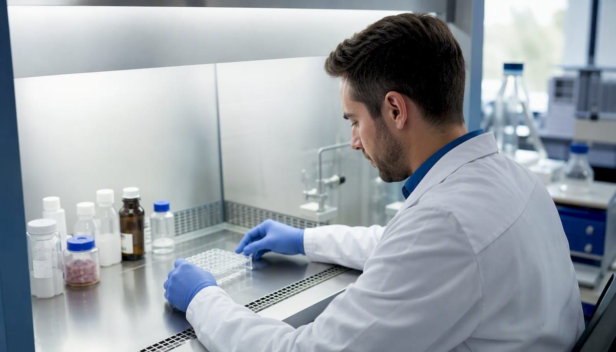 Technician handling multiwell plate for skin irritation test