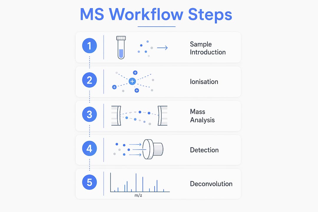 Infographic showing mass spectrometry workflow steps