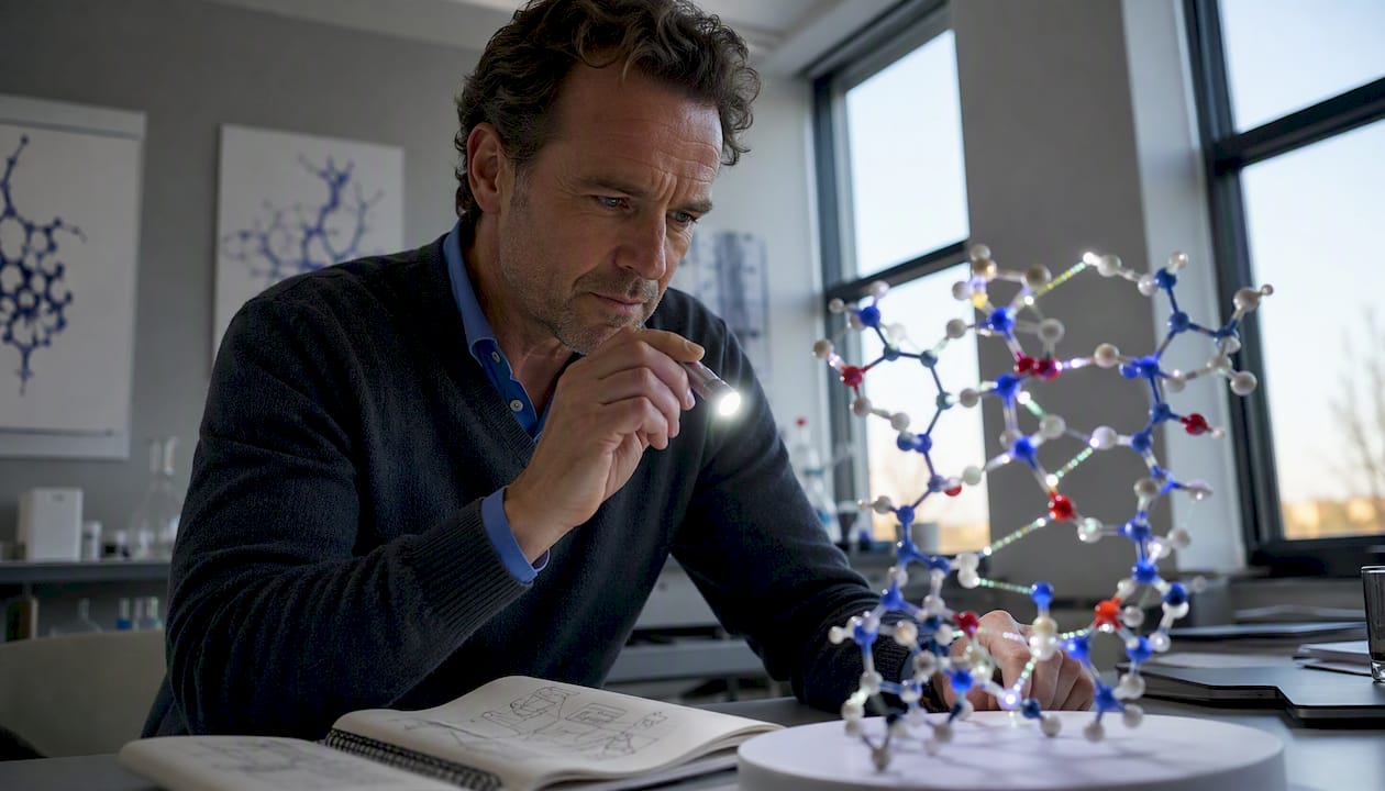 Researcher examining hydrogen bonds in peptide model