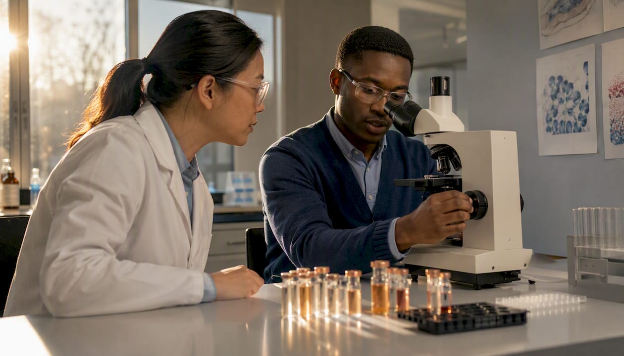 Scientists examining skin cells and copper peptides in lab