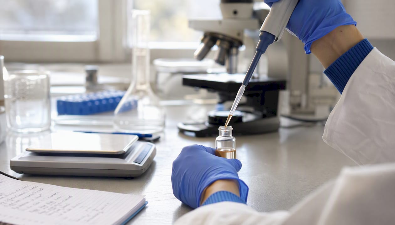 Hands pipetting copper peptide in lab