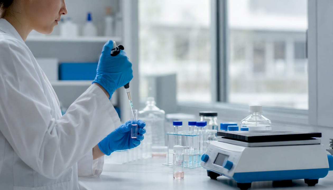 Scientist pipetting liposomal peptide suspension