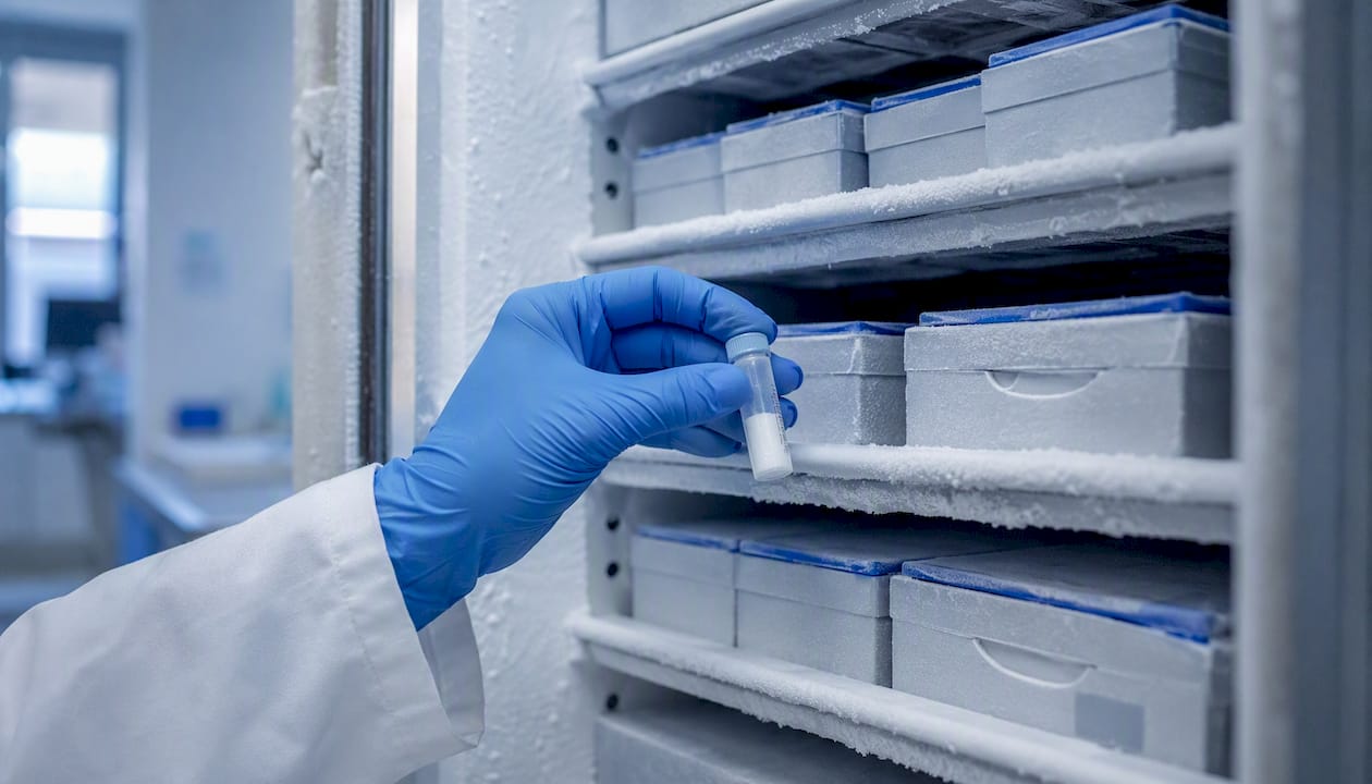 Scientific freezer with lyophilized peptide vials